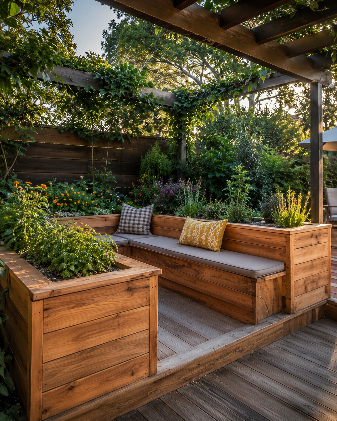 Custom cedar planter sketches and woodworking tools on a workshop bench